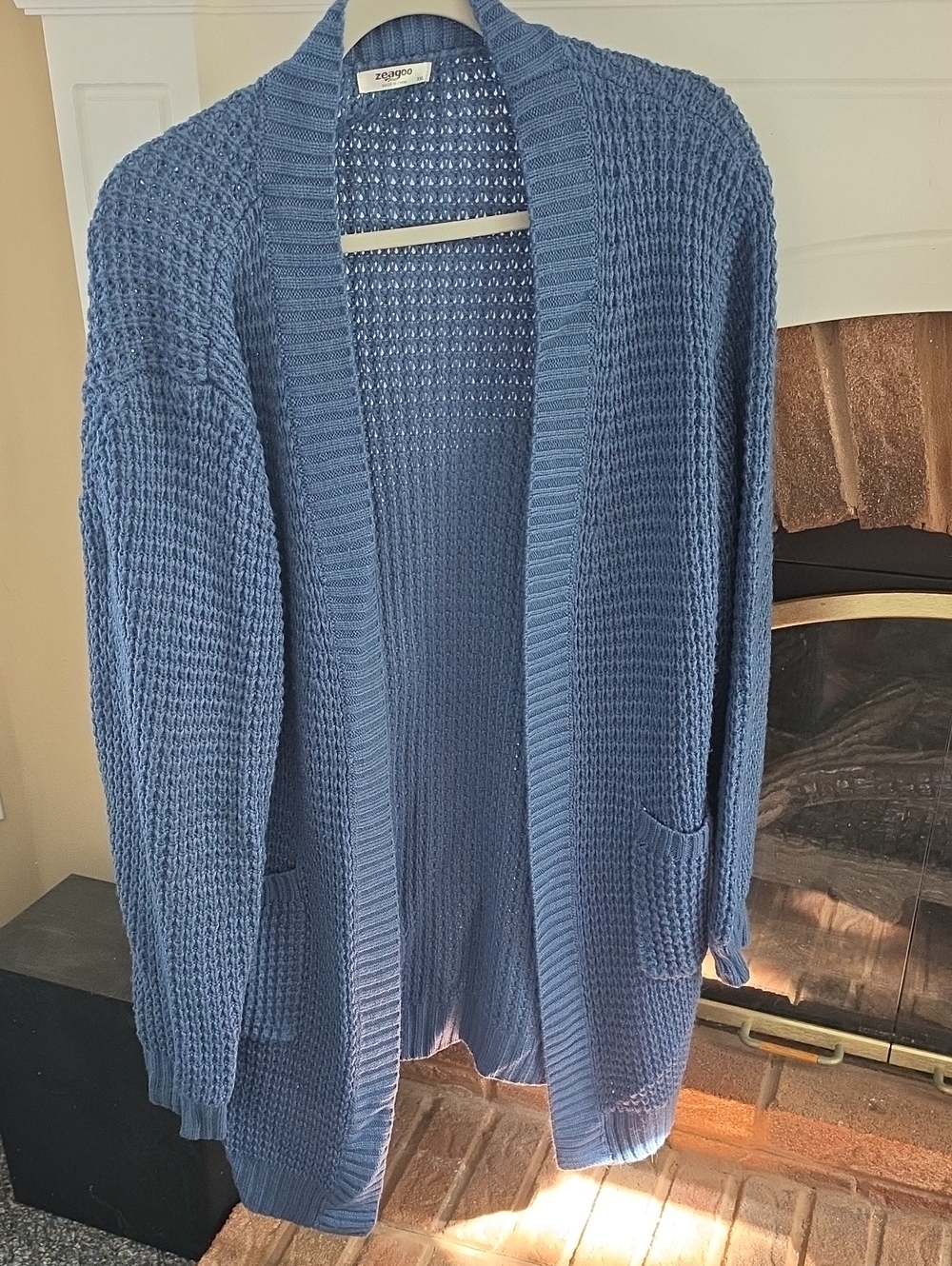 Amazon Blue Open-Front Waffle Knit Cardigan with Pockets